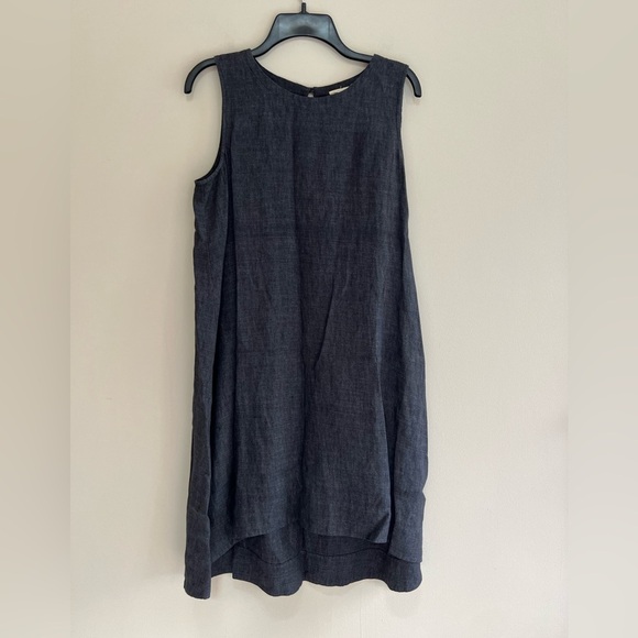 EILEEN FISHER Jewel Neck Organic Linen Sleeveless Dress in Dark Navy Blue, PM - Picture 2 of 9